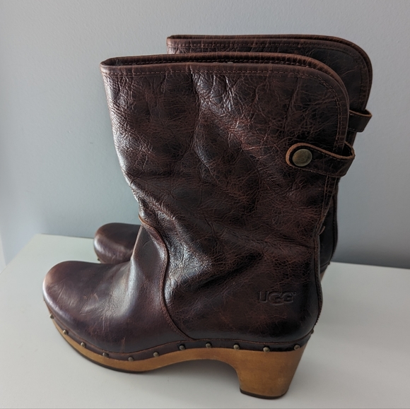 Women's UGG Brown Leather Sherpa Lined Boots Wooden Heel Size 10 - Picture 5 of 8